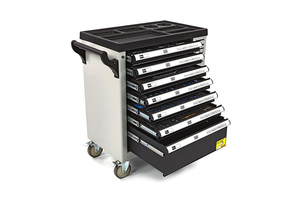 Dulap scule profesional hbm cu 7 sertare, 245 piese, 6 module carbon -