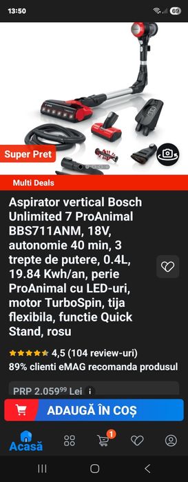 Aspirator vertical Bosch Unlimited 7 ProAnimal,set