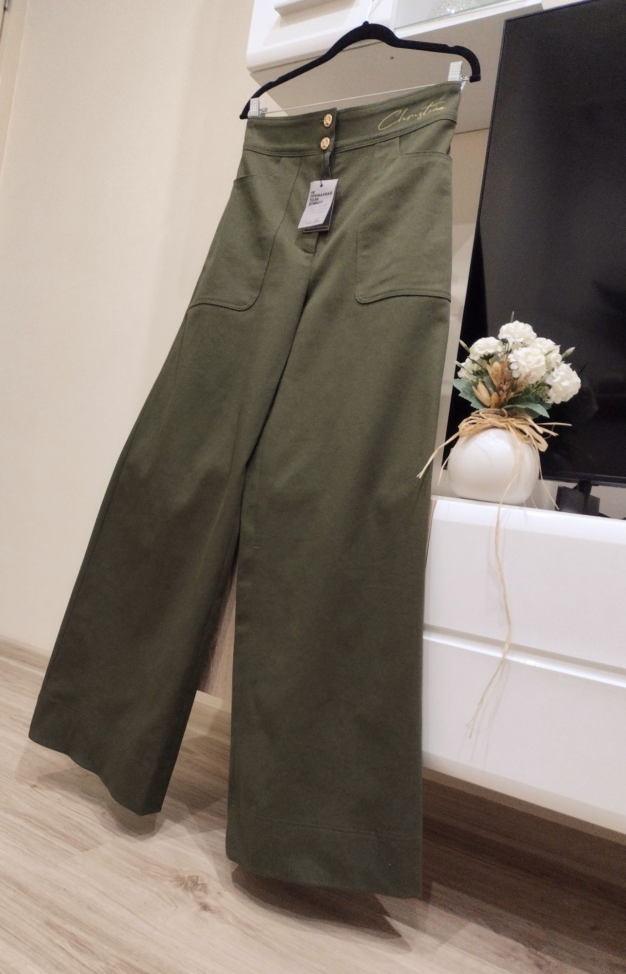 Дамски зелен широк панталон Christine Fashion панталони дънки