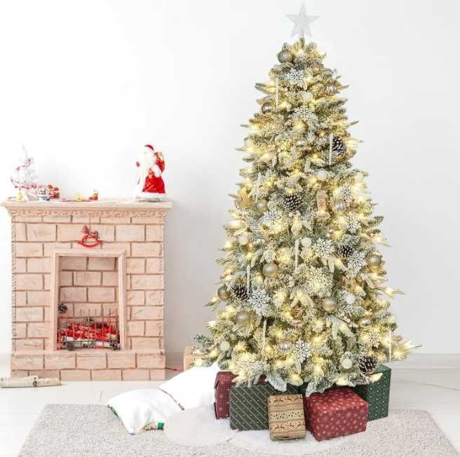 Brad DEWUR 210 cm, cu instalație, conuri, zăpadă și globuri aurii