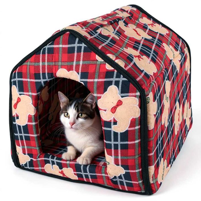 Casuta pentru pisici si caini mici culcus moale si calduros 32x30x26cm