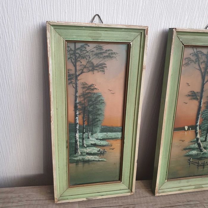 Стари малки картини „Езерен пейзаж“, рисувани върху стъкло
