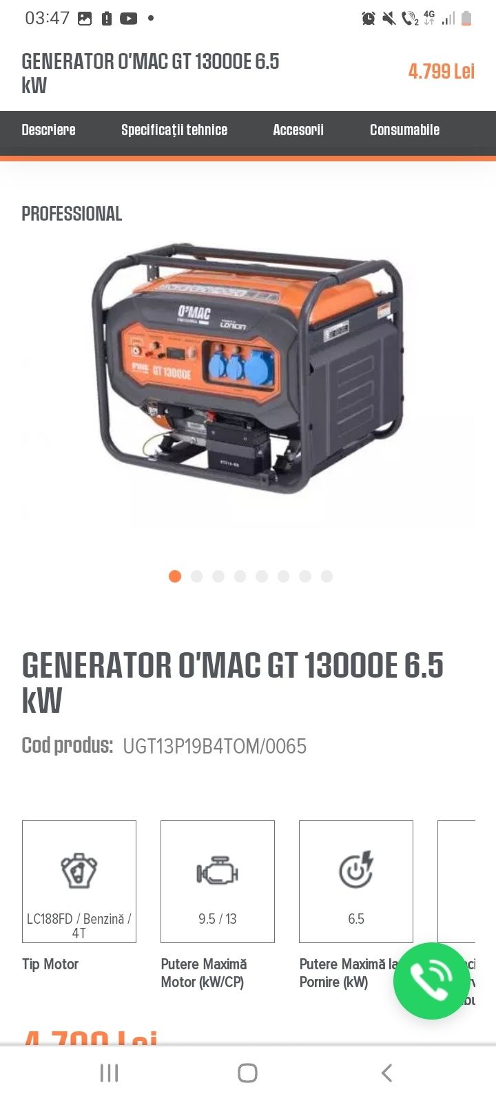 Generator O'mac Gt 13000 6,5 kw