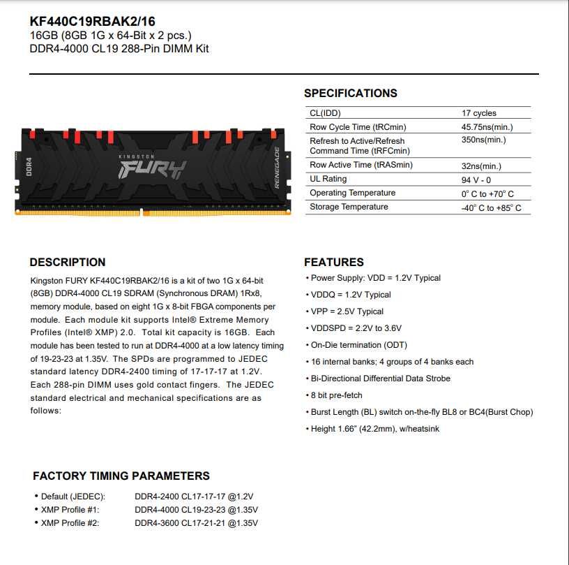 Kingston FURY Renegade RGB, KF440C19RBAK2/16 [16 ГБ DDR 4, 4000 МГц]