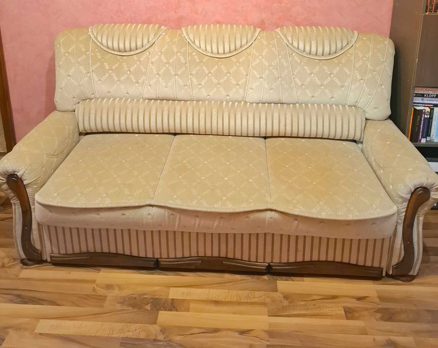 Canapea 3 Locuri Premium la comanda, Extensibilă, Crem + Lemn Masiv