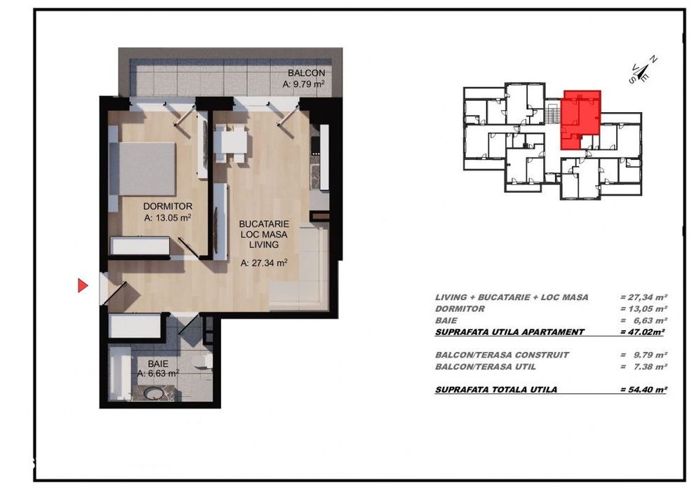 Apartament 2 camere, 47mp utili, balcon 9,8mp, zona Eroilor, Floresti
