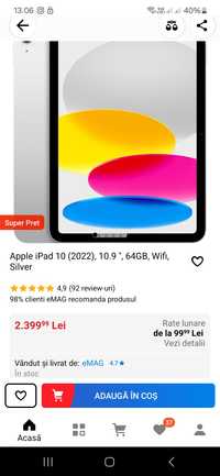 Tableta Apple iPad 10 th (2022), 10.9 ", 64GB, Wifi, Silver noua