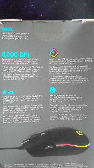 Mouse gaming Logitech G203, iluminare RGB LightSync, Negru