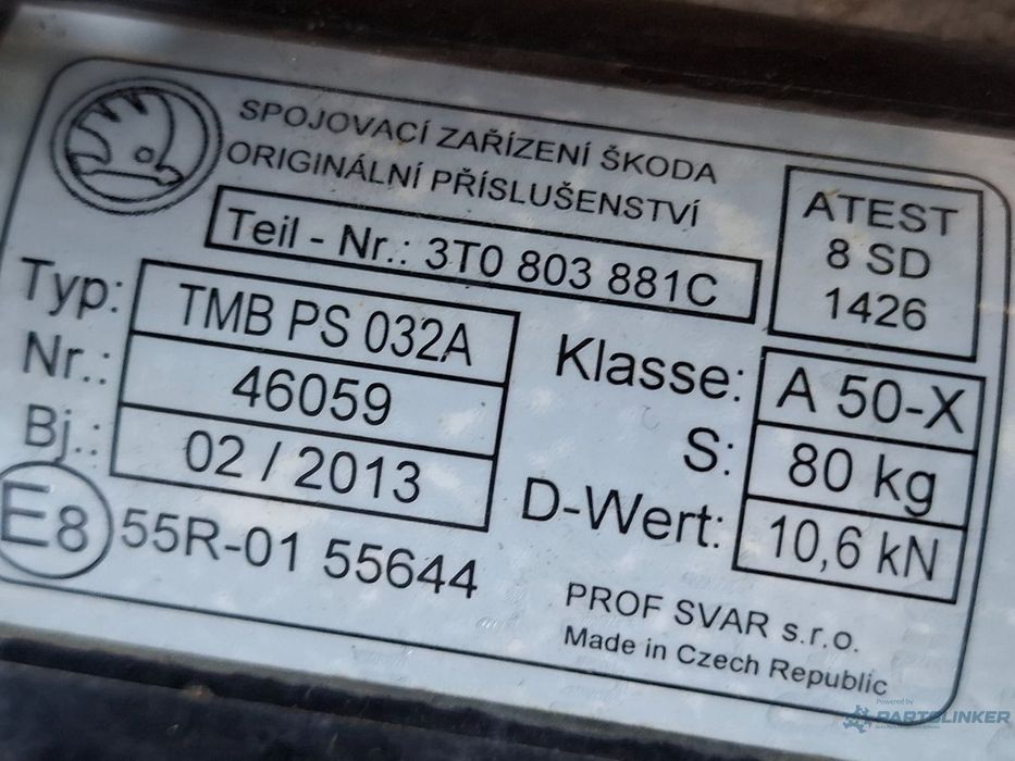Bara carlig de remorcare SKODA SUPERB II Estate 3T5 2009 - 2015 TDI CBBB, CFGB 3T0803881C