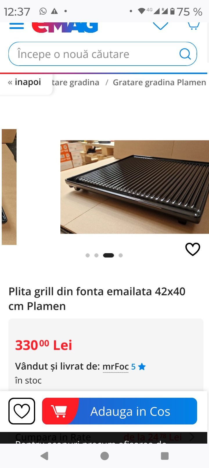 Plita din fonta emailata grill/grătar Plamen 422/402 mm