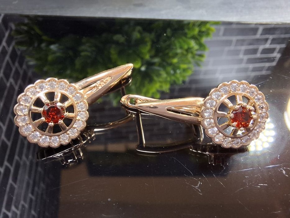 Женские красные серьги с натуральной циркониевой 585RG позолота