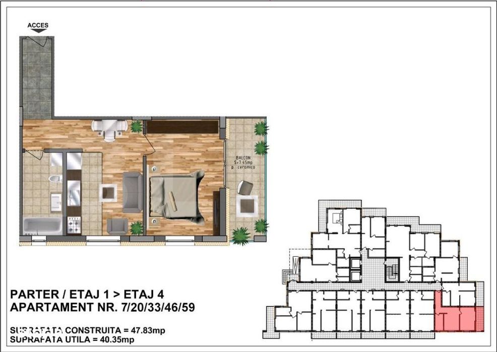 Apartament de vanzare 40,35 + terasa 7,45 – bloc nou, zona Aurel Vla