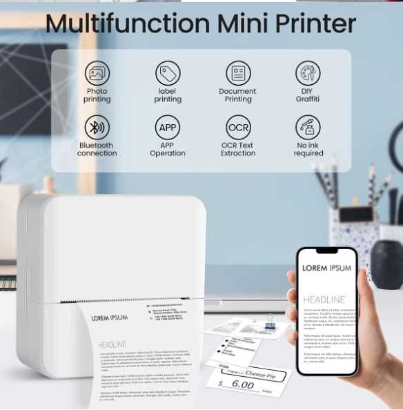 Mini imprimanta termica, bluetooth, 4 role hartie + 4 role autoadezive