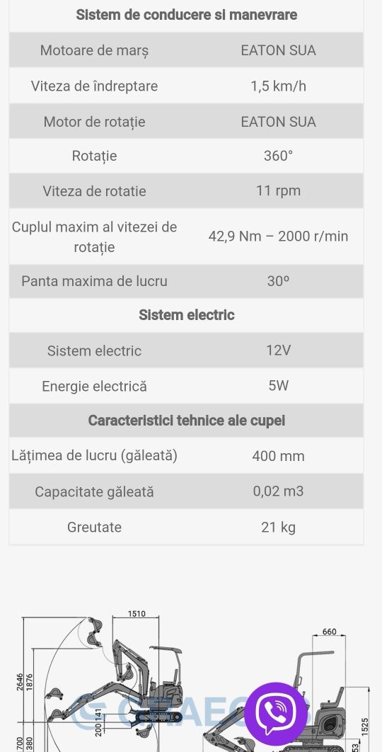 Miniexcavator nou Graecus 1t, garantie, posibil rate