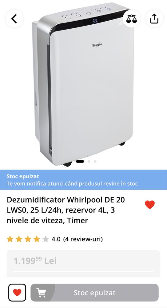 Dezumidificator Whirlpool DE 20 LWS0, 25 L/24h, rezervor 4L