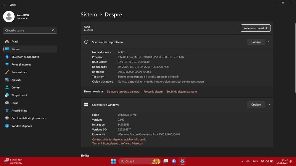 Laptop gaming ASUS ROG - i7-7700 HQ, 32 GB RAM, 2.25 TB Stocare
