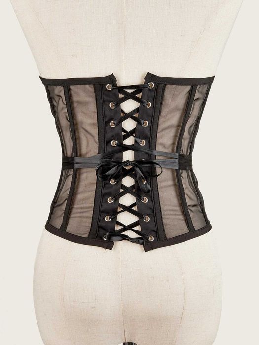 Corset dama elegant, cu strasuri, negru, transparent, modelator