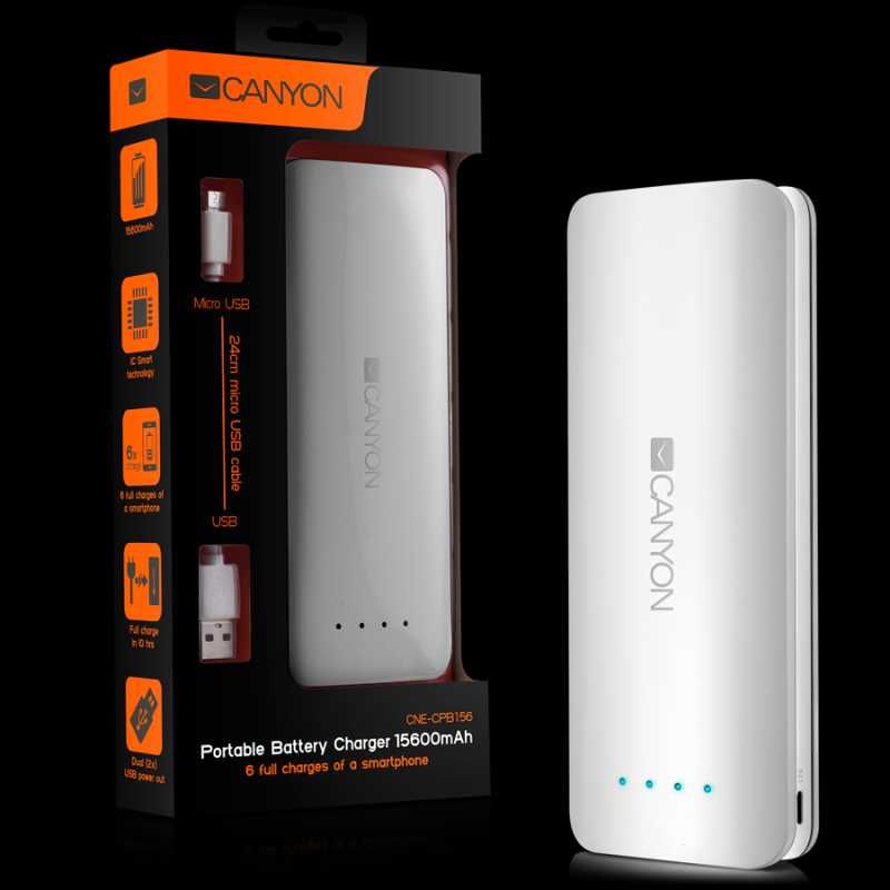 Зарядно устройство - Power Bank 15600 mAh CANYON CNE-CPBP156W Бяла