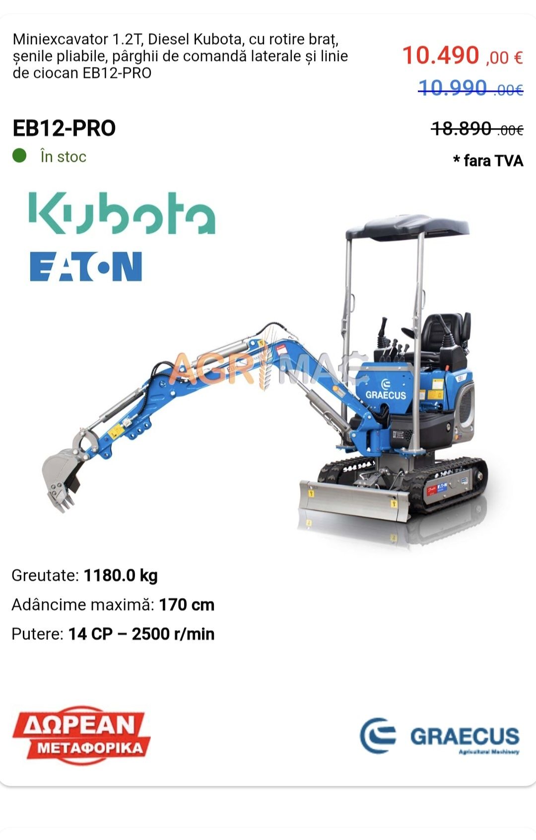 Miniexcavator Graecus 1t, 1,2 t motor tractor kubota