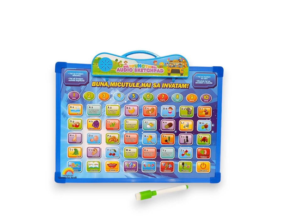 Tabletă educativă în limba română cu tablă de scris și cariocă