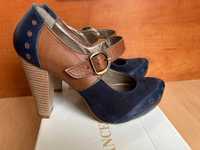 Дамски обувки с ток естествена кожа и велур синьо/кафяво. Отлични!