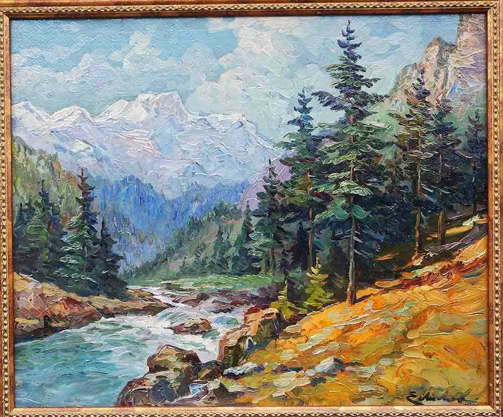 Пейзаж от Рила планина, стара картина, маслени бои, оригинал