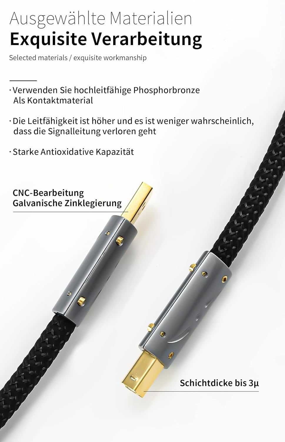 Viborg HiFi USB кабел 0,6 м USB 2.0 тип A до B кабел Посребрен OFC