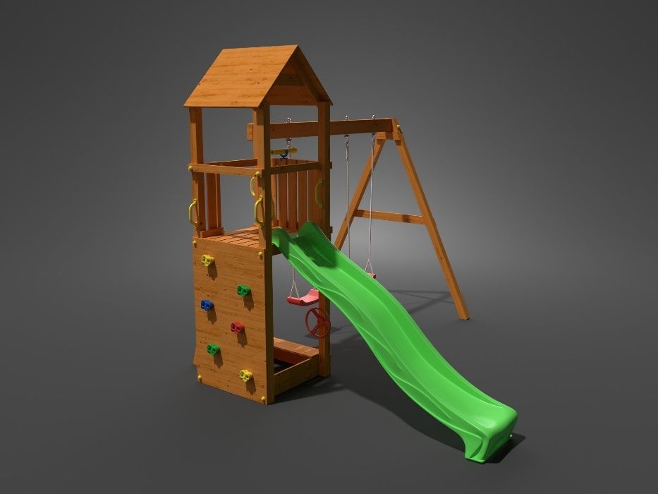 Fungoo FLAPPI дървена детска площадка с пързалка и 2 люлк
