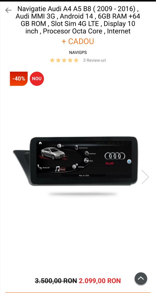 Navigatie dedicata Audi A4 B8 android 6 Gb Ram 64 memorie stocare