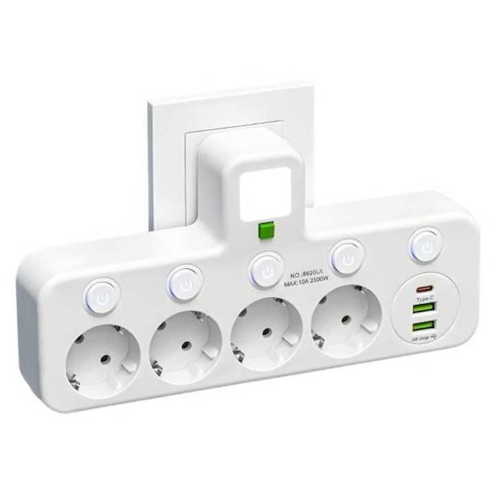Разпределител с 4 контакта Schuko + 2 USB-A порта + 1 USB-C порт