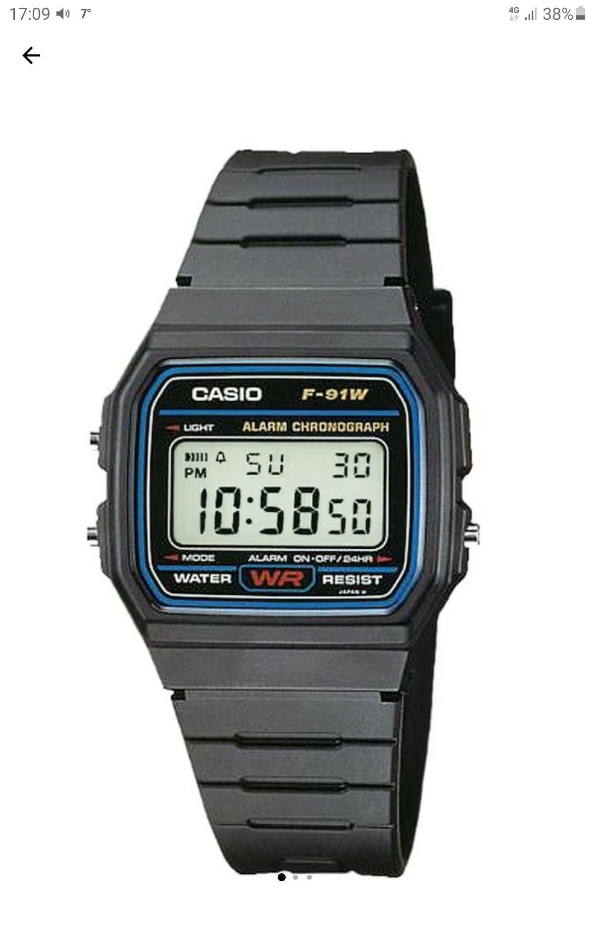 Ceas clasic CASIO F-91W-1YER,Quartz,afisaj digital,iluminare,nou.