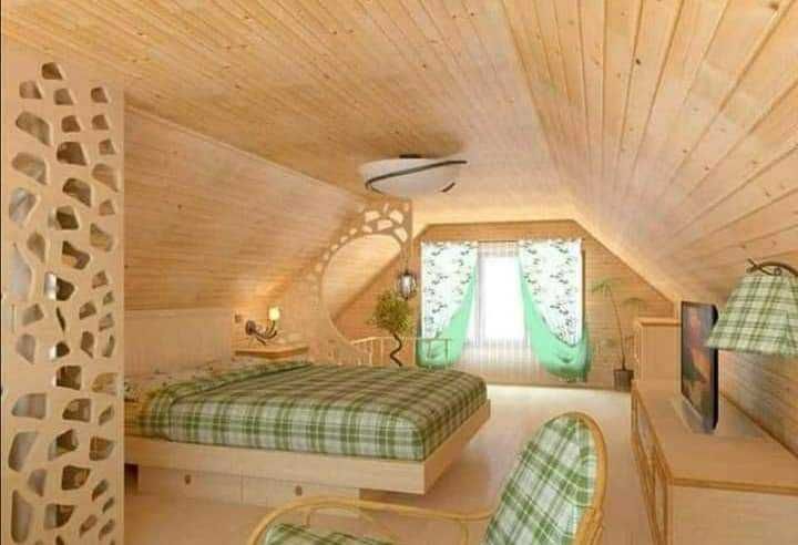 Cabana stil A Frame, casa, foisoare si terase din structura de lemn