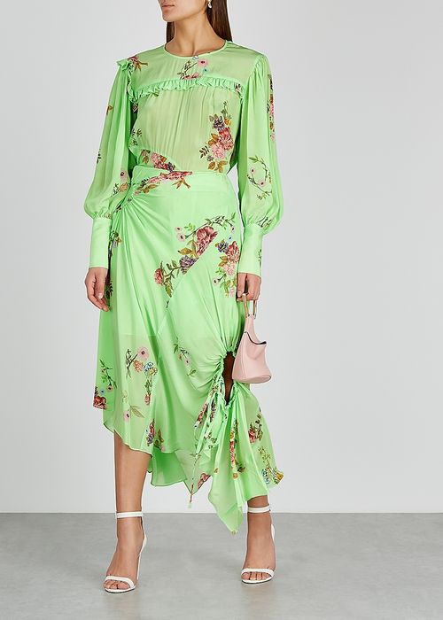 Пола миди XS размер PREEN официална ежедневна асиметрична зелена принт