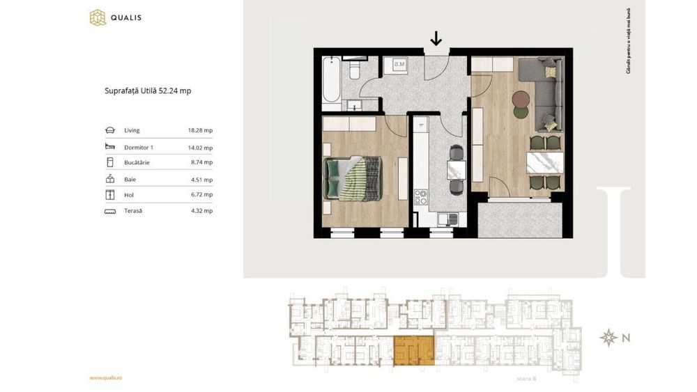 Qualis I: Apartament 2 camere, 52 mp, parcare inclusa