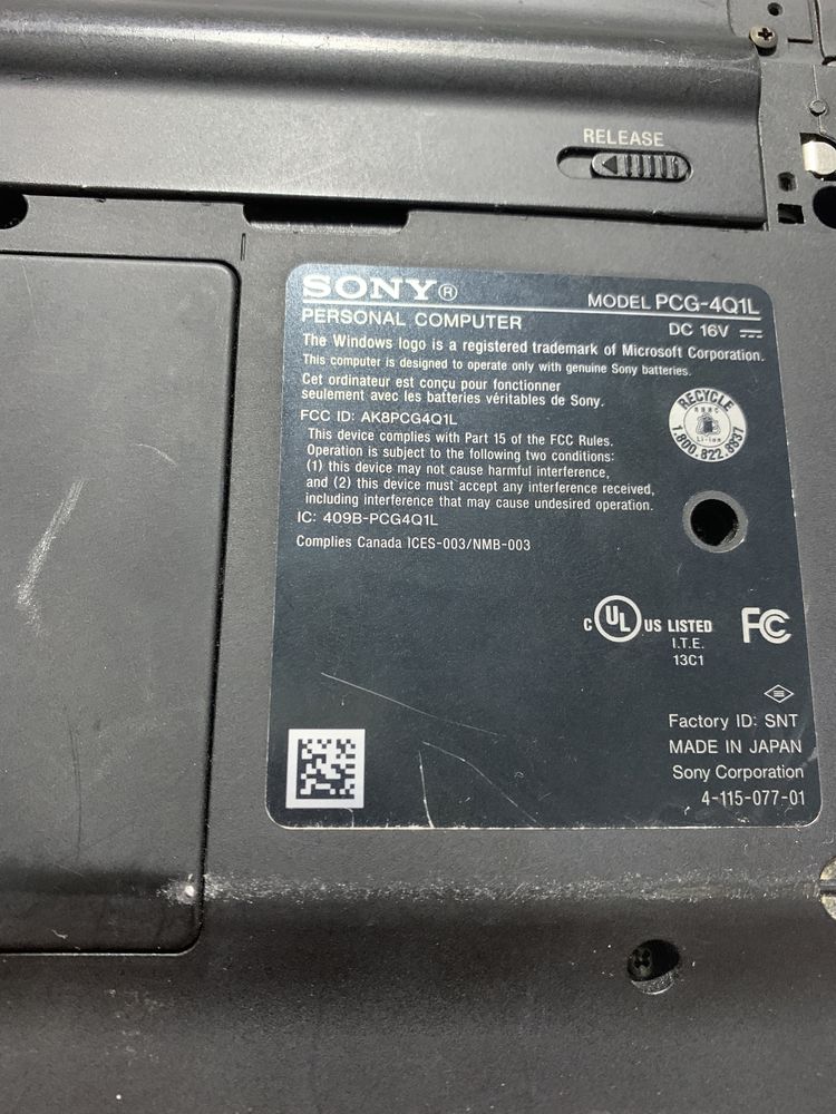 Laptop Sony Vaio VGN-TT180N 4 GB DDR 2 Ram Blu-Ray 11.1” WXGA Full HD