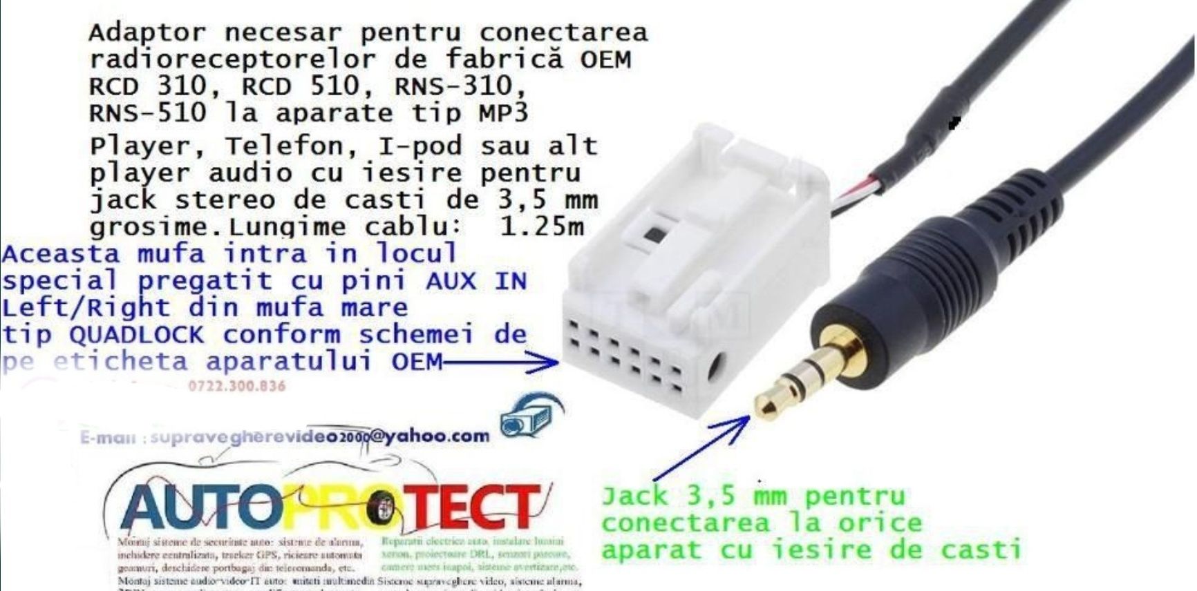 Adaptor MFD2 18 PINI AUX jack 3,5 mm radio OEM VW RNS RCD