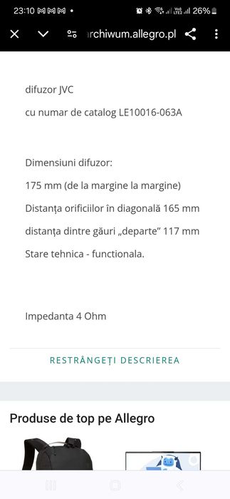 JVC Difuzor Subwoofer pereche 4 ohm 50-100W