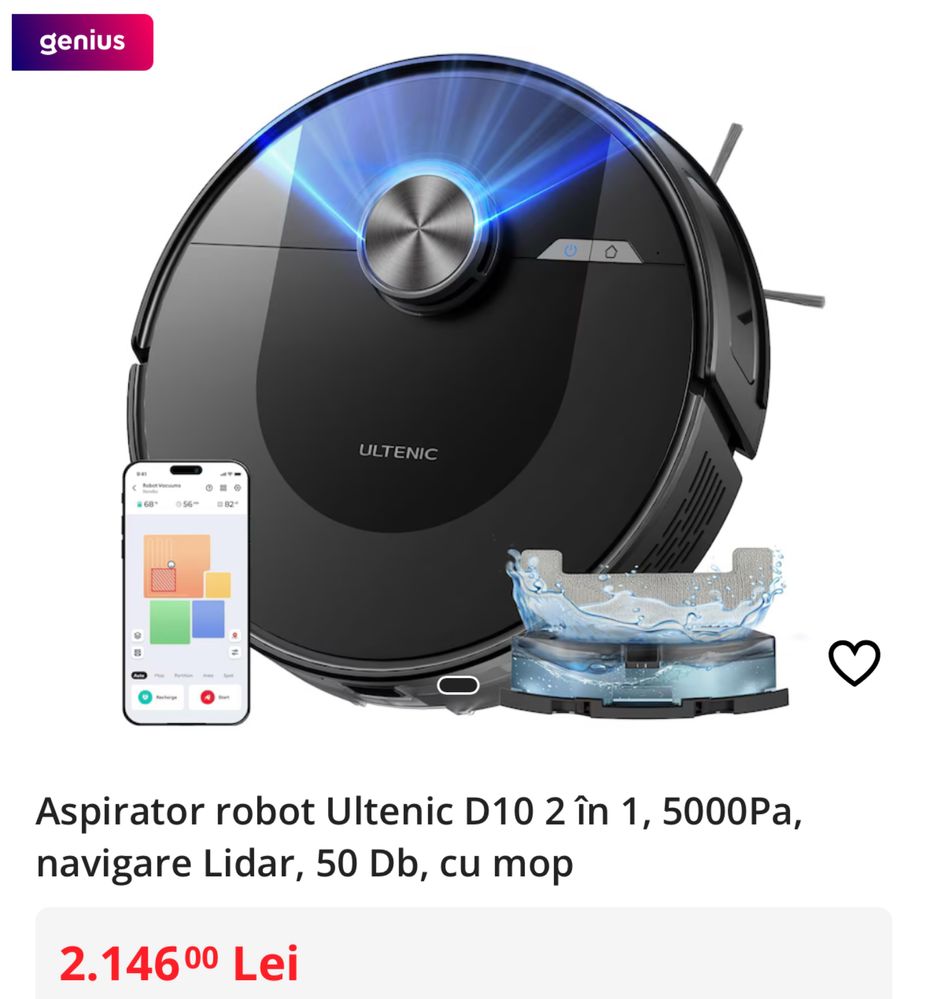 Aspirator robot Ultenic D10 2 în 1 cu mop, 5000Pa, navigare Lidar