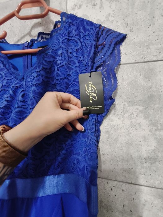 Rochie lungă elegantă Dressystar – model Vokuhila, albastru regal, măr