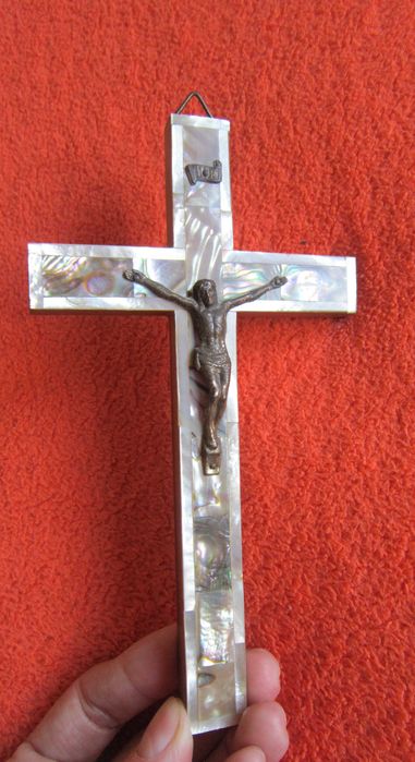 rar Mother of pearl, lemn maslin Cruce Crucifix Ierusalim 1950