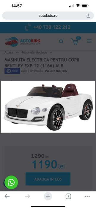 Bentley alb masina electrica copii