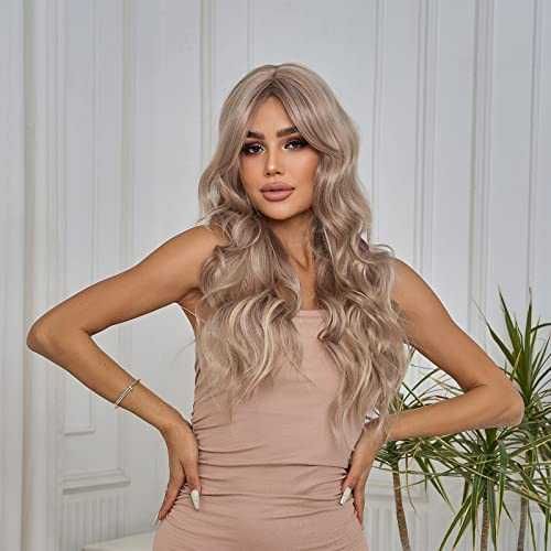 Нова Перука с бретон дълга сива термоустойчива синтетична коса за жени