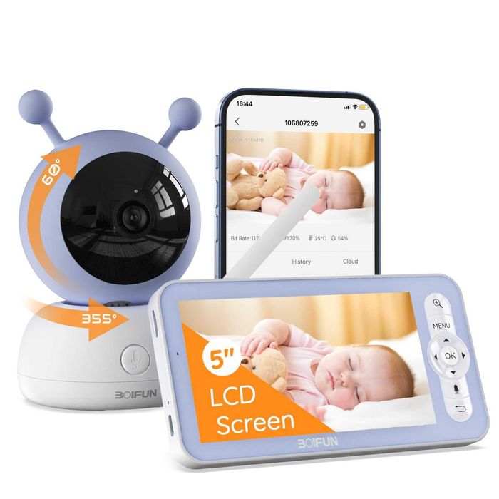 Чисто нов бебефон BOIFUN 5", 1080p WiFi приложение, двупосочно аудио..