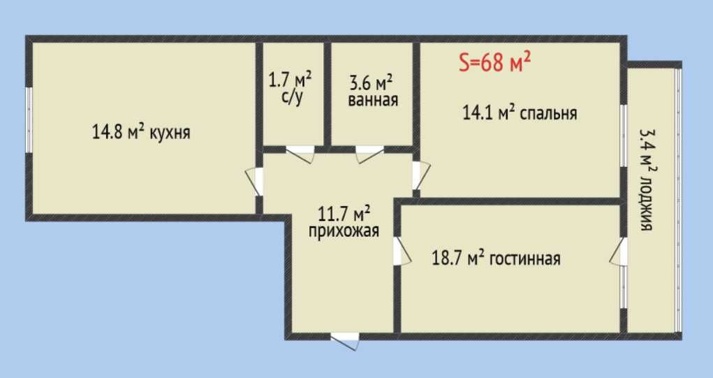 2-комнатная квартира 68 м2 в комфортном ЖК "КЕРЕМЕТ"