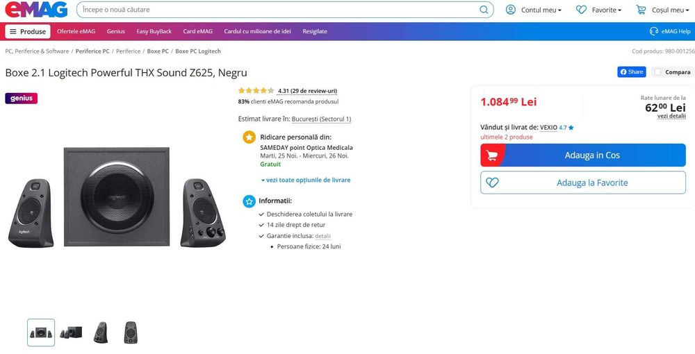 Boxe 2.1 Logitech Powerful THX Sound Z625 Negru