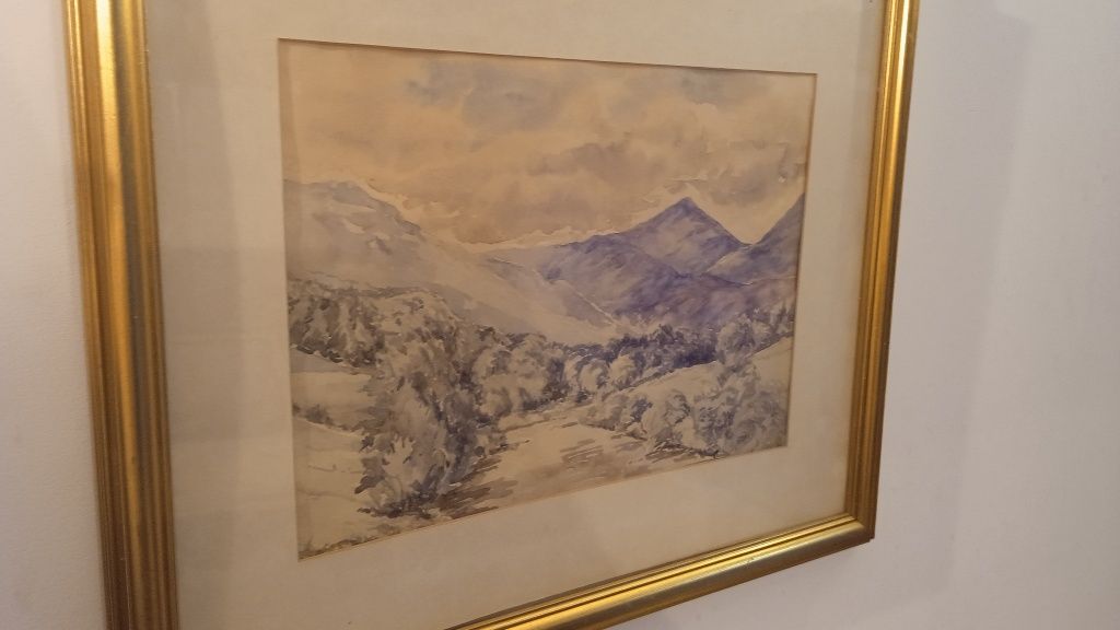 L. Clark - acuarela, pictura originala, tablou peisaj munte Scotia
