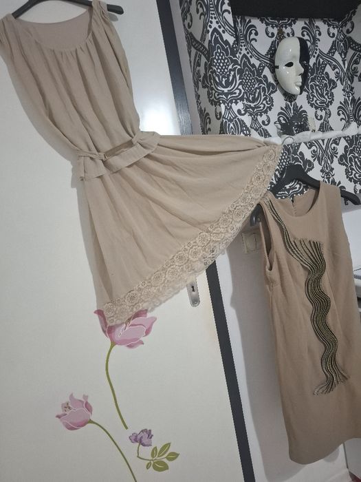 Рокля 2 за цената на 1, красива комбинация в бежов цвят