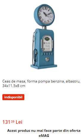 Ceas de masa, forma pompa benzina, albastru, 34x11.5x8 cm