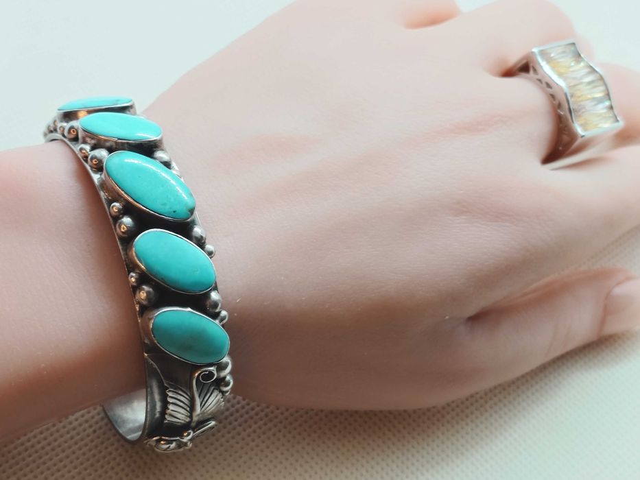 Brățară din argint 925 cu 5 cabochonuri de turcoaz natural, Navajo