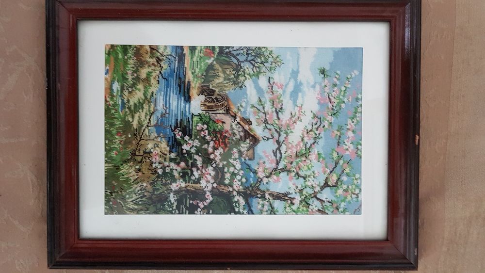 Goblenuri car cu boi si primăvară cu pomi infloriti